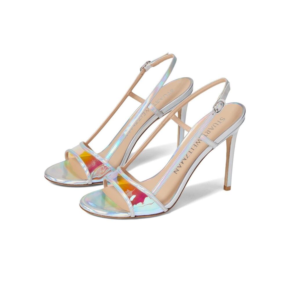 Stuart weitzman mondrian 100 sandal heels silver / aurora size 8.5
